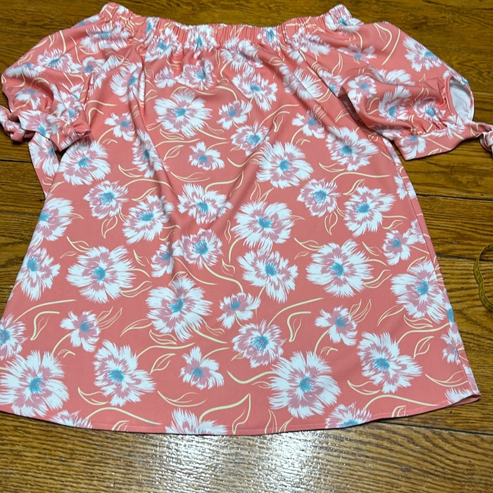 Heyson pink/coral floral blouse with elastic band neckline. Size Large.
